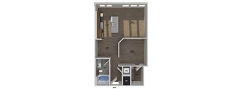 A floor plan of a small apartment with a kitchen, bathroom, and living room.