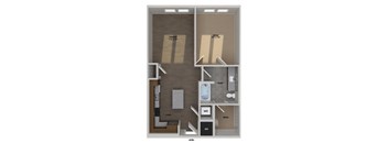 A floor plan of a small apartment with a kitchen, living room, and bathroom.