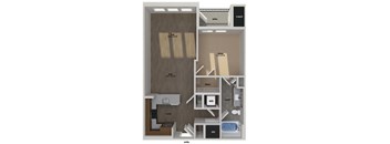 A floor plan of a small apartment with a kitchen, living room, and bathroom.