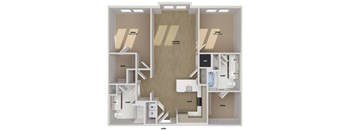 A floor plan of a home with a living room, dining room, kitchen, and two bedrooms.
