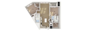 A 3D layout of a small apartment with labeled rooms.