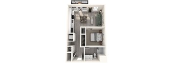 A drawing of a small apartment with a kitchen, living room, and bathroom.