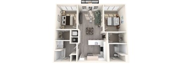 A 3D rendering of a small, efficient apartment layout.