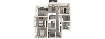 A 3D floor plan of a small apartment with a kitchen, living room, and bathroom.