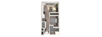 A top-down view of a small apartment with a kitchen, living room, and bathroom.