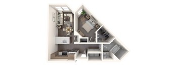 A 3D floor plan of a small apartment with a kitchen, living room, and bedroom.