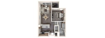 A top down view of a small apartment with a kitchen, living room, and bathroom.