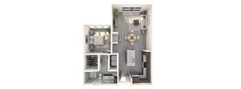 A 3D floor plan of a small apartment with a kitchen, living room, and bathroom.