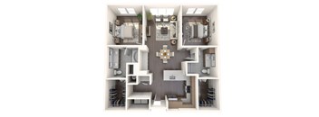 A 3D floor plan of a house with a kitchen, living room, and two bedrooms.