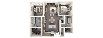 A 3D floor plan of a small apartment with a kitchen, living room, and bathroom.