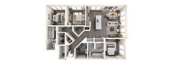 A 3D floor plan of a house with a kitchen, living room, and bedrooms.