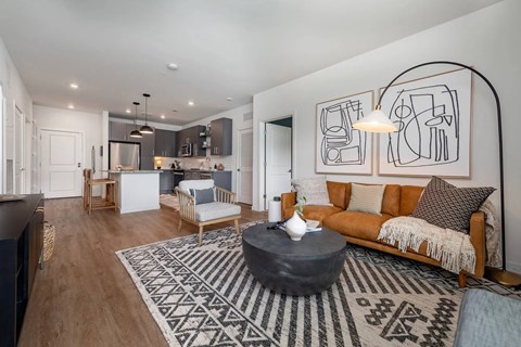 A living room with a couch, coffee table, and a rug.