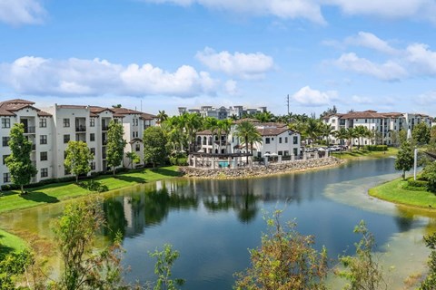 A serene lake surrounded by residential buildings under a clear blue sky.