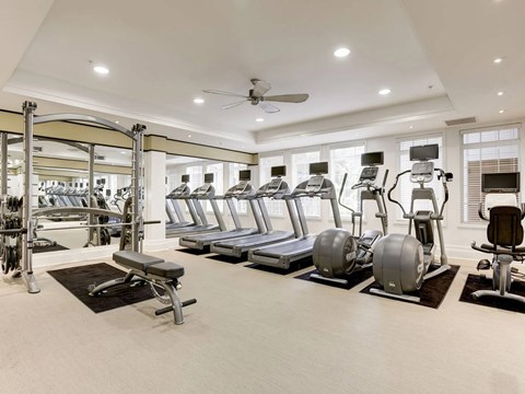 A spacious gym with a variety of equipment including treadmills, elliptical machines, and weight machines.
