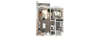 A 3D floor plan of a small apartment with a living room, kitchen, and bathroom.