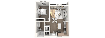 A 13'6" x 10'9" floor plan of a room with a kitchen, living room, and bathroom.