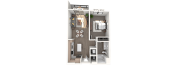 A 3D floor plan of a small apartment with a kitchen, living room, and bathroom.