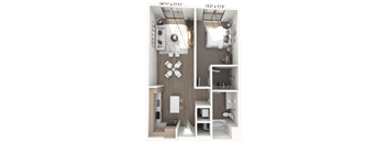 A 3D floor plan of a small apartment with a kitchen, living room, and bathroom.