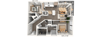 A 3D floor plan of a house showing the layout of the rooms.