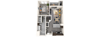 A 3D floor plan of a small apartment with a kitchen, living room, and bathroom.