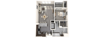 A 3D floor plan of a small apartment with a kitchen, living room, and bathroom.