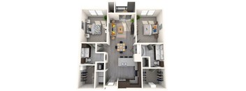 A top-down view of a small apartment with a kitchen, living room, and bedroom.