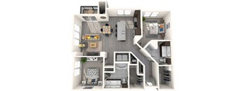 A 3D rendered image of a modern apartment layout.