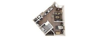 A top down view of a small apartment with a kitchen, living room, and bathroom.