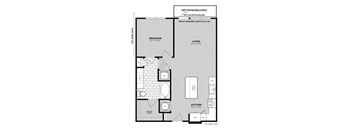 A floor plan of a house with a bedroom, living room, and kitchen.