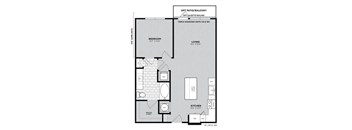 A floor plan of a small apartment with a bedroom, living room, and kitchen.