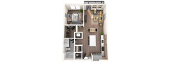 A top down view of a small apartment with a kitchen, living room and bathroom.