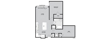 A floor plan of an apartment with a living room, kitchen, bedroom, and den.