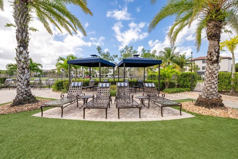 A sunny day at the park with a gazebo and palm trees.