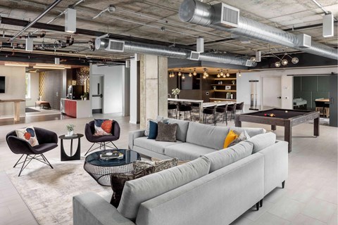 A modern living room with a grey sofa and a black chair.