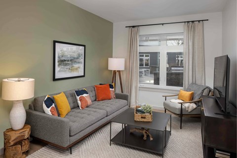 A living room with a grey couch, a coffee table, and a television.