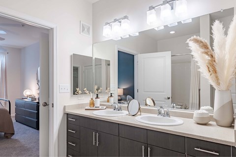 A bathroom with a vanity, a mirror, and a vase with a feather.