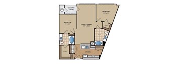 A floor plan of a home with a balcony, two bedrooms, a living/dining area, a kitchen, and a bathroom.