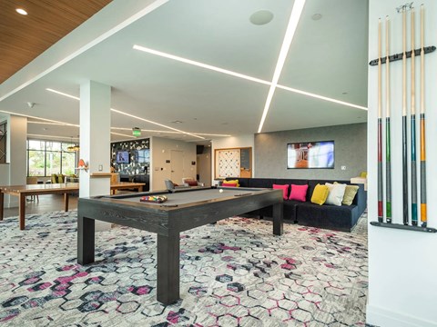 A pool table in a room with a couch and a TV.