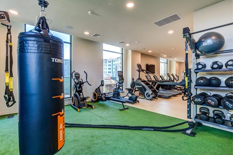 A gym with a punching bag, weights, and exercise equipment.
