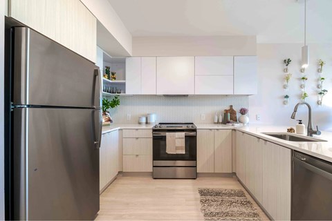 A modern kitchen with a refrigerator on the left and a sink on the right.