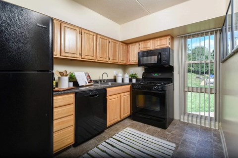 A kitchen with black appliances and wooden cabinets.