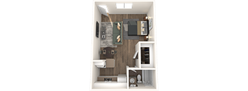 a rendering of a 1 bedroom floor plan with a bathroom and a living room