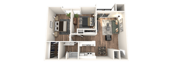 a rendering of a 3d floor plan with a bedroom and a living room