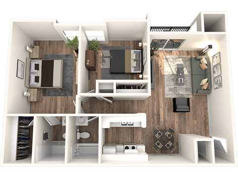 a 3d floor plan of a house with a bedroom and a living room