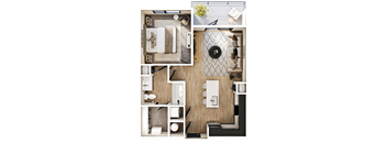A top-down view of a small apartment layout with a kitchen, living room, and bathroom.