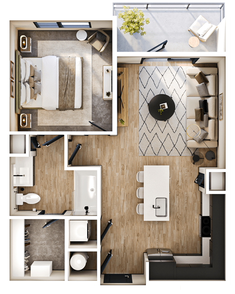 A top-down view of a small apartment layout with a kitchen, living room, and bathroom.