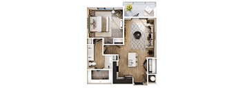 A top-down view of a modern apartment layout with a kitchen, living room, and bedrooms.