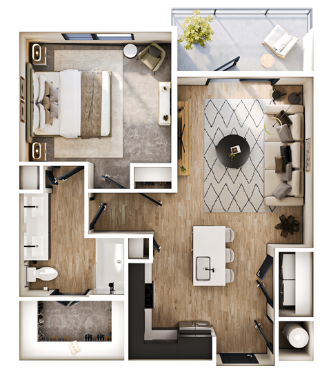 A top-down view of a modern apartment layout with a kitchen, living room, and bedrooms.