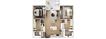 A top-down view of a room layout with a bed, a desk, a chair, and a bathroom area.