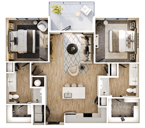 A top-down view of a room layout with a bed, a desk, a chair, and a bathroom area.
